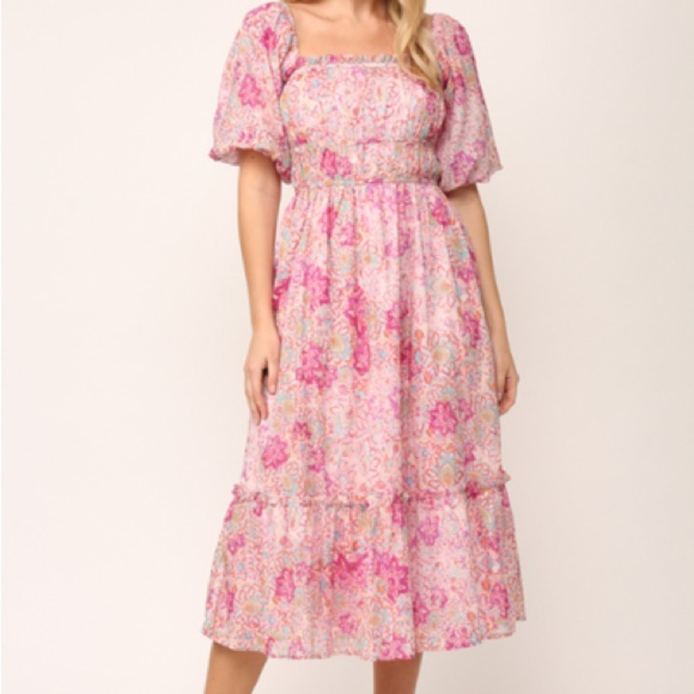 Vici Puff Sleeve Floral Midi Dress – Size Large